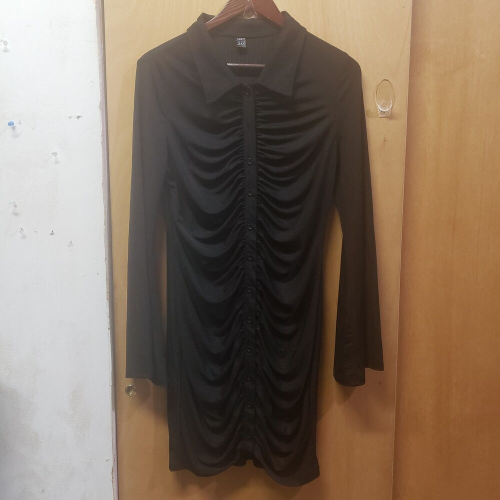 SHEIN Black long-sleeve dress button-up front ruched body design Bell Sleeves XL